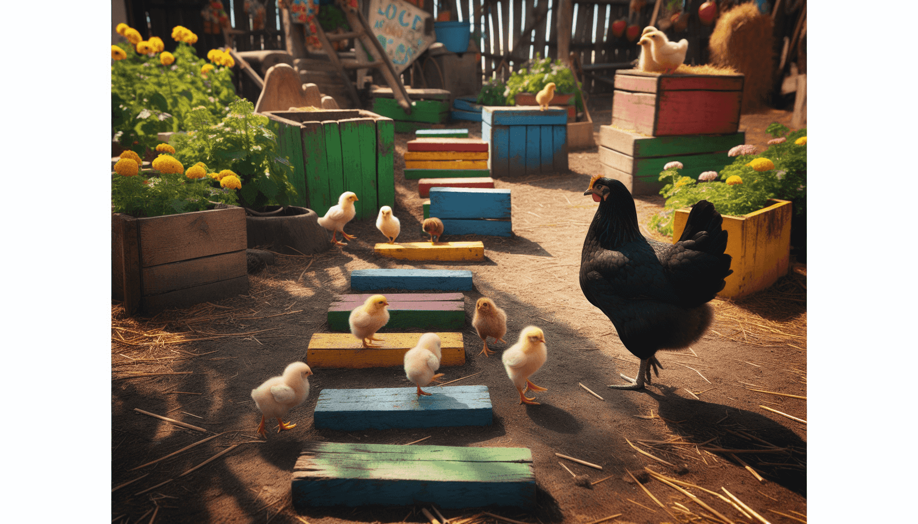 Mother hen guiding chicks through a farm
