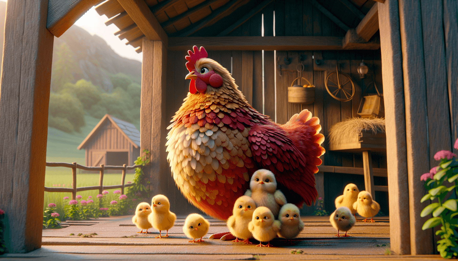 Hen protecting chicks